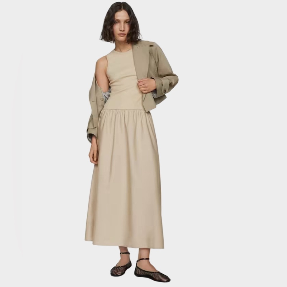 Mango Beige‎ Ribbed Maxi Dress XL Sleeveless A-Line Mixed Media